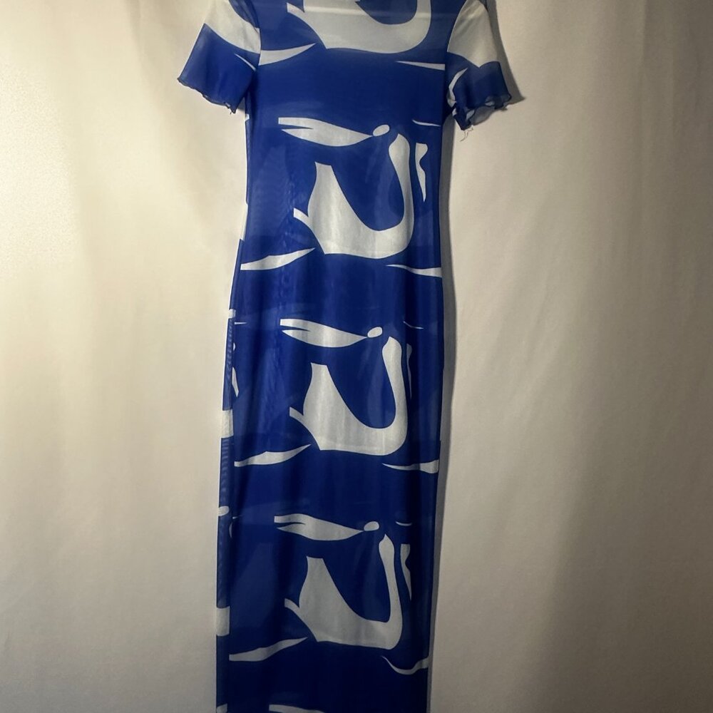 SHEIN Blue Abstract Print Mesh Midi Dress Size M Sheer Short Sleeve Bodycon